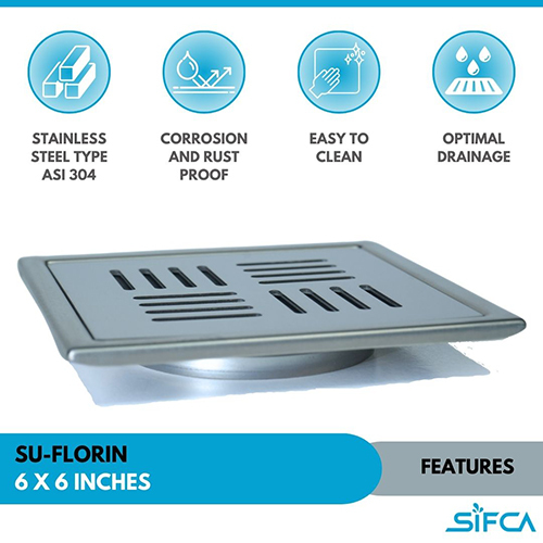 Stainless Steel 304 Grade Floor Drain 6X6 Inch SU-Florin Series