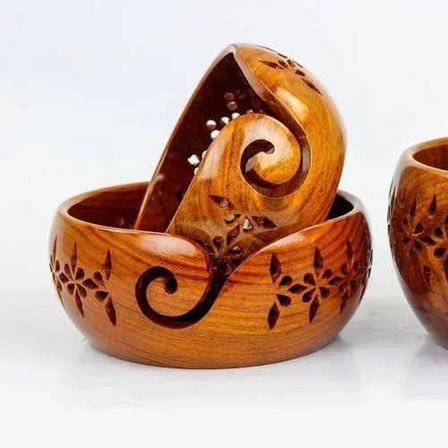 Brown Yarn Bowl In Sheesham Wood