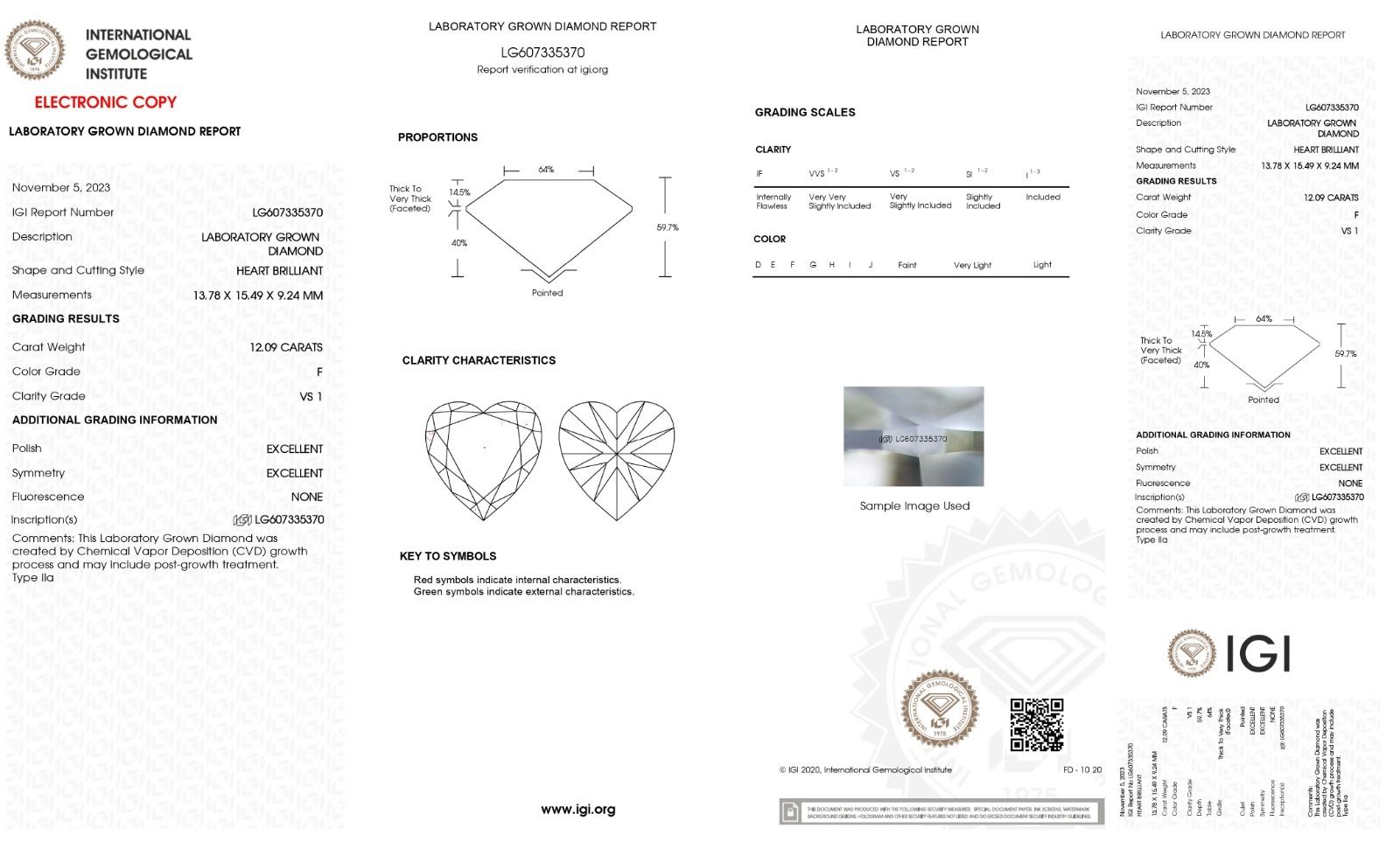 HEART 12.09ct F VS1 IGI 607335370 Lab Grown Diamond EC451334