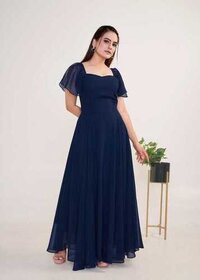 2023 Prom Dresses - Georgette A-line Gown, 54 Inch Length, Blue Color, Short Sleeves, Elegant Design, Ready To Ship, Comfortable Fit