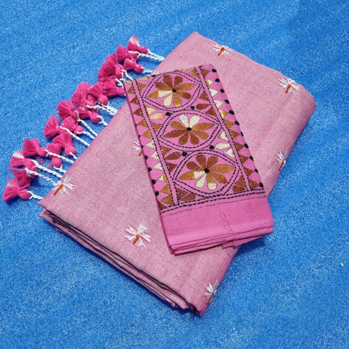 Washable Khadi Cotton Flowers Embroidery Work With Kantha Stich Blouse