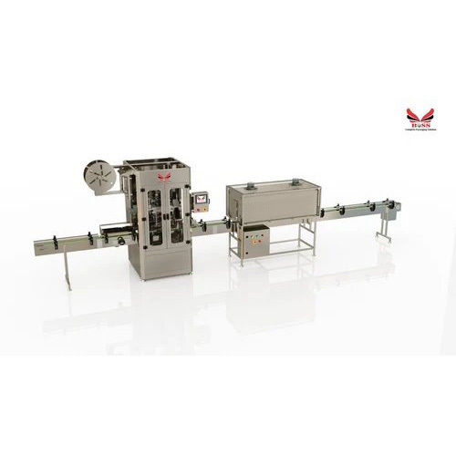 Silver Automatic Shrink Sleeve Applicator Machine.