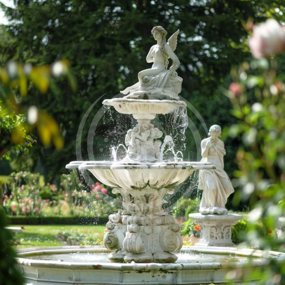 Tier Fountain With Statue - Color: Marble White