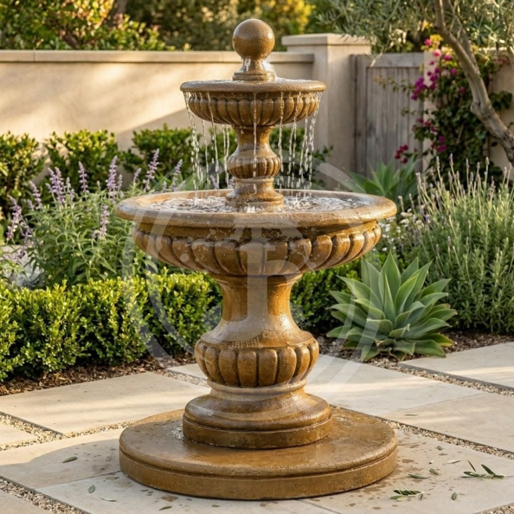 Standalone 2 Tier Water Fountain - FRP Material, 2ft Height x 2ft Width, Earth Brown Color | LED Waterproof Warm White Lights, Elegant 3-Stage Design