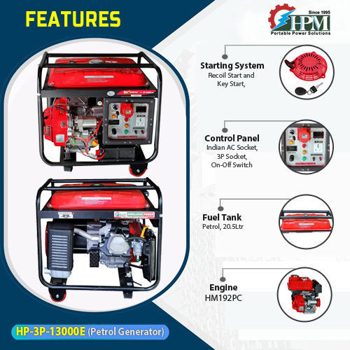 3 Phase 10 KVA Portable Petrol Generator Recoil and Self Start Model HP-3P-13000E