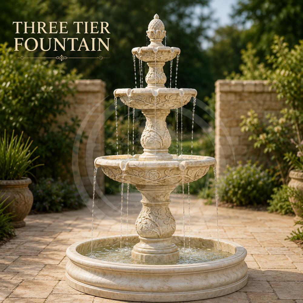 Three Tier Frp Fountain - Color: Pure White And Grey Grazes