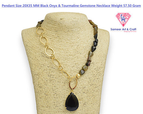 Natural Tourmaline And Black Onyx Pendant Beaded Necklace