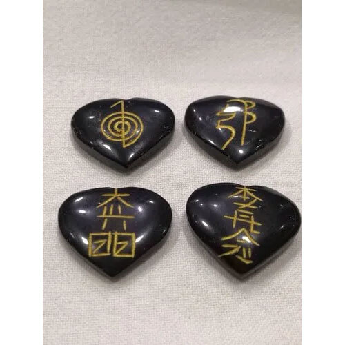 Black Tourmaline Reiki Symbol 4Pc Hearts Set Vastu Feng Shui Crystal Healing Gemstone