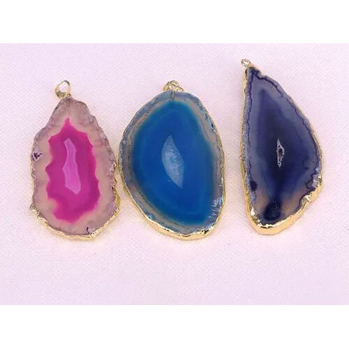 Multicolor Slice Agate Stone Pendant, Gold Plated Edged Gemstone Charm Agate Druzy Pendants