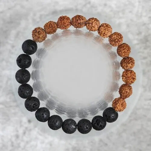 Rudraksha 5 Faced (Mukhi) 8mm Or 10mm Seed Beads + Black Lava Rock Gemstone Stretch Bracelet