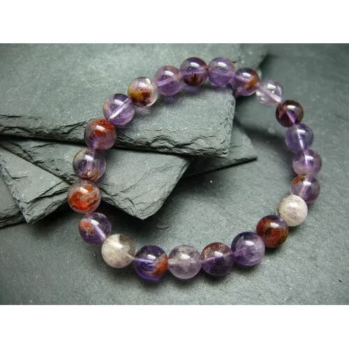 Cacoxenite In Amethyst Genuine Bracelet 7 Inches 8mm Round Beads