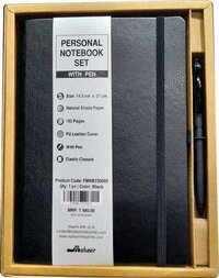 Mahavir Personal Notebook Set With Pen - Italian Pu Leather A5 Notebook, 192 Pages, 80gsm Natural Shade Paper, Rounded Corners, Satin Bookmark, Elastic Band Closure