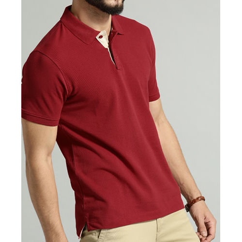 Cotton Red Collar Neck Plain T Shirt