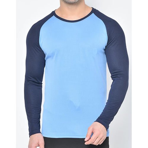 Blue Polyster Round Neck Full Sleeves T Shirt