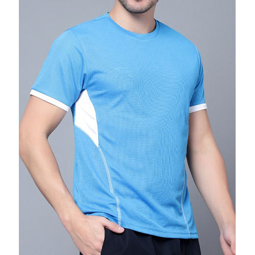 Silk Blue Polyster Round Neck Half Sleeves T Shirt