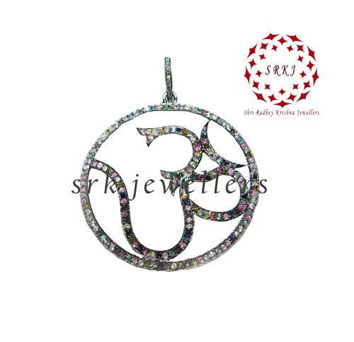 Sterling Silver Handmade Pave Diamond Ohm Style Pendant - 54x22 MM 0.48 Cts. Diamond Weight Unisex Charm Pendant for Anniversary Engagement Gift and Party