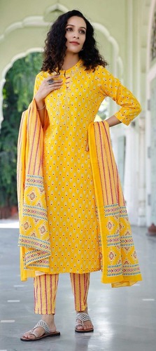 Cotton Party Wear Salwar Kameez in Yellow with Gota Patti work