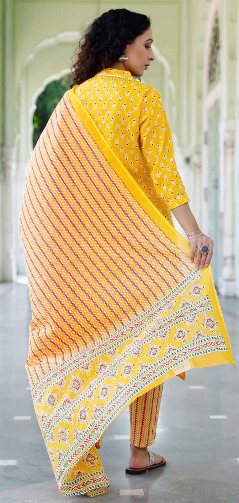 Cotton Party Wear Salwar Kameez in Yellow with Gota Patti work