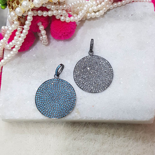 925 Starling Silver Handmade Pave Diamond Round Stylish Disk Pendant - Gender: Women