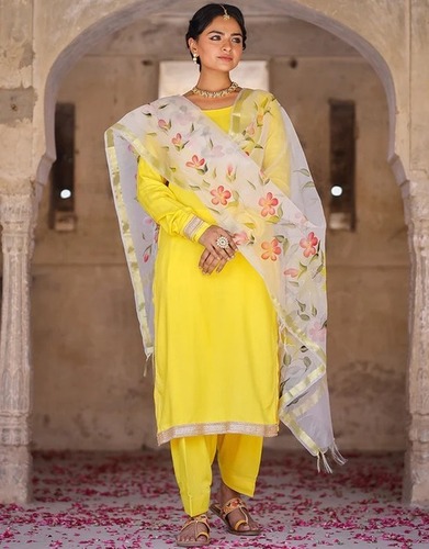 Yellow Rayon Embellished Kurta Set With Floral Hand Painted Dupatta For Women