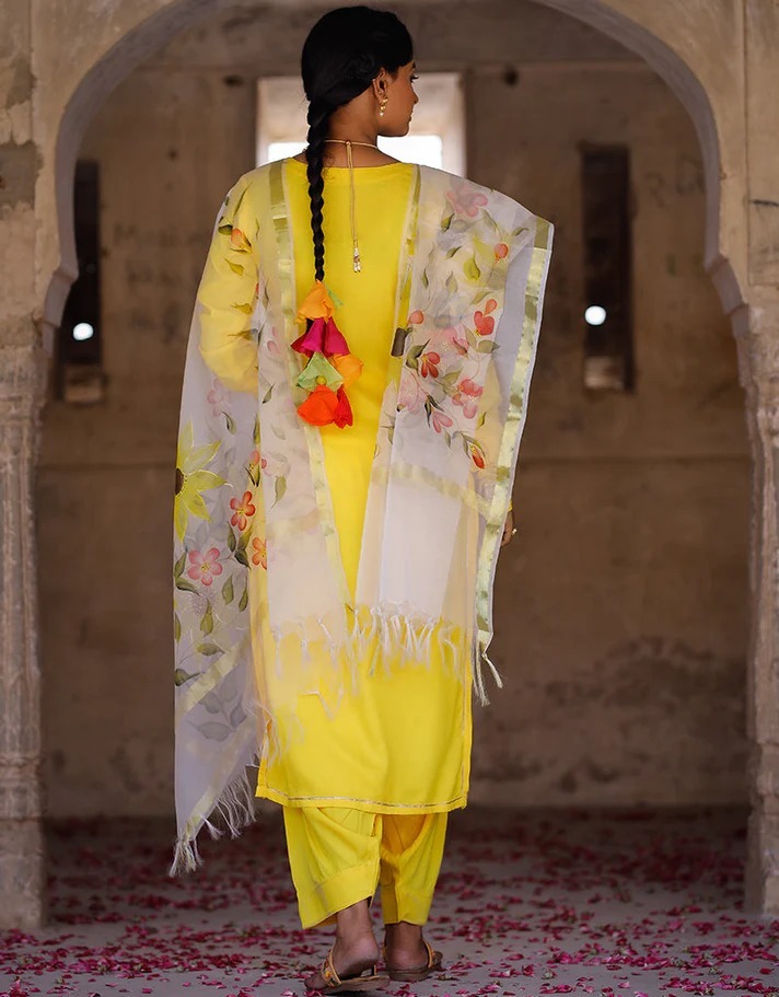 Yellow Rayon Embellished Kurta Set With Floral Hand Painted Dupatta For Women