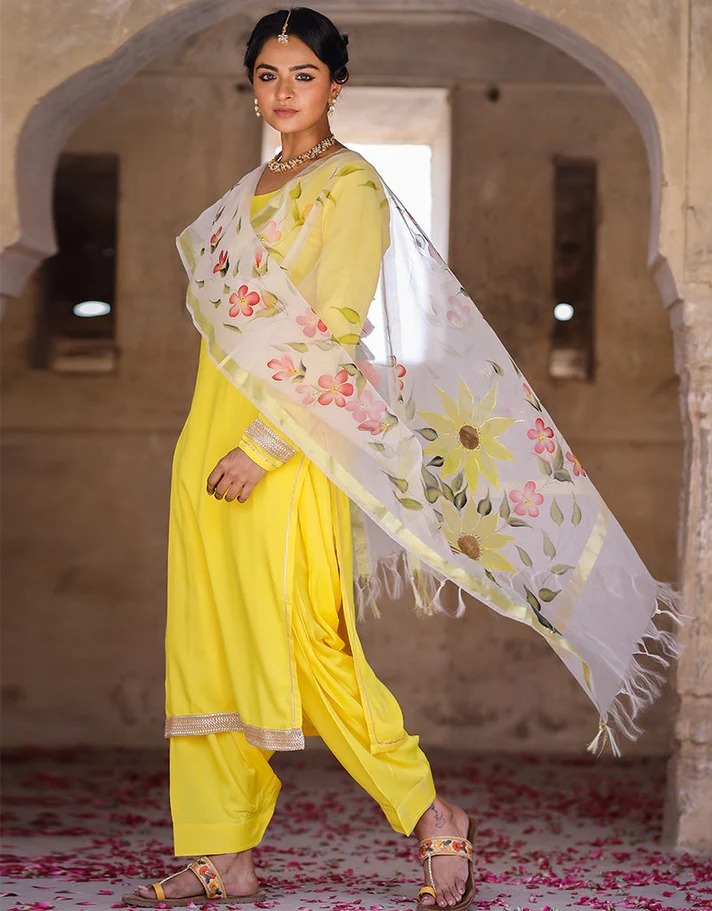 Yellow Rayon Embellished Kurta Set With Floral Hand Painted Dupatta For Women