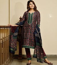 Women Navy Blue Bagru Hand Block Print Cotton Kurta With Chanderi Dupatta Suit Set