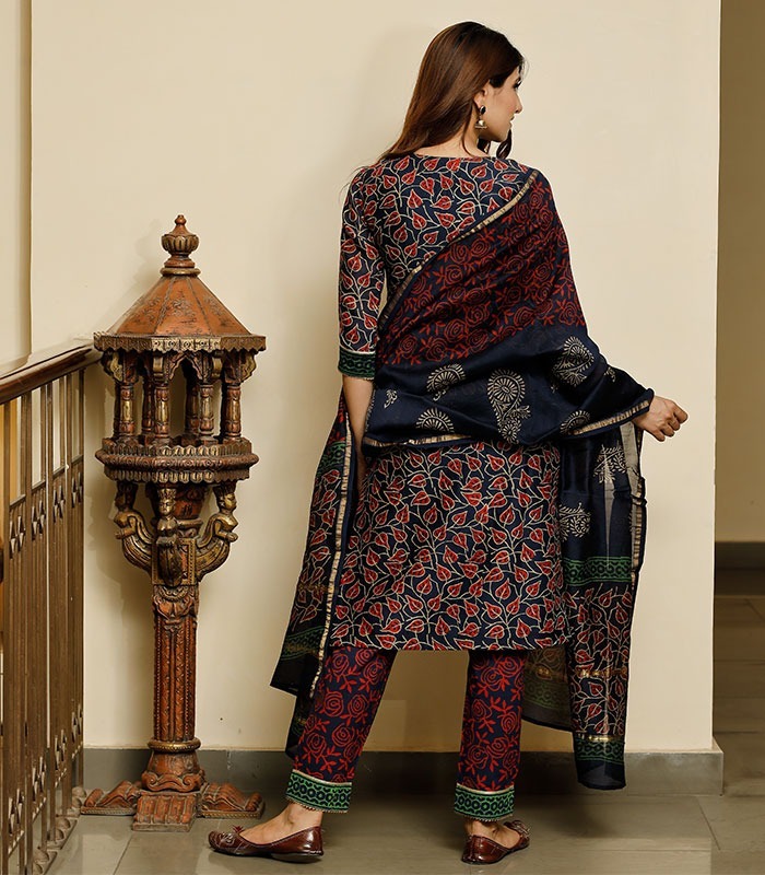 Women Navy Blue Bagru Hand Block Print Cotton Kurta With Chanderi Dupatta Suit Set