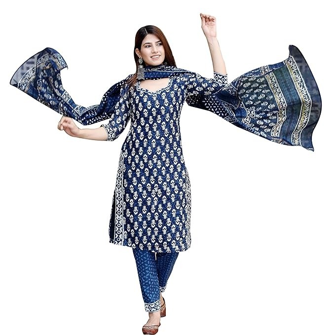 Women's Cotton Casual Floral Print Anarkali Kurta and Trouser with Dupatta