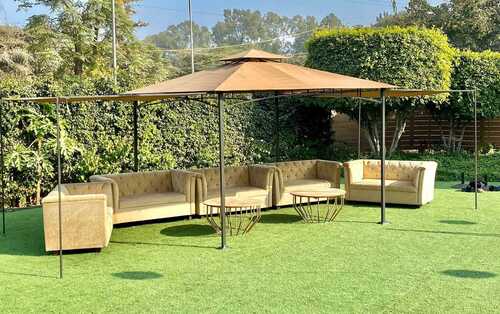 Resort Gazebo - Iron Powder Coated, Waterproof 10x25 ft, Beige, Plain Design, Suitable for 5+ Persons, with Two Opening Side Covers