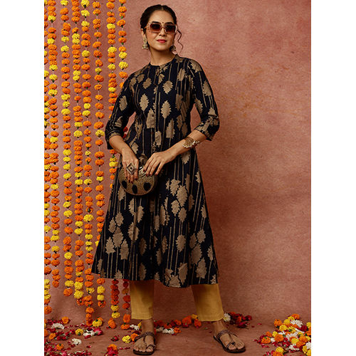 Navy Blue Abstract Print A-line Kurta