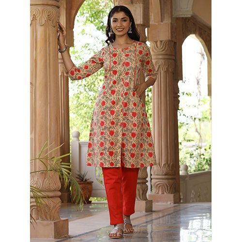 Women Beige Printed Cotton Ethnic Kurta