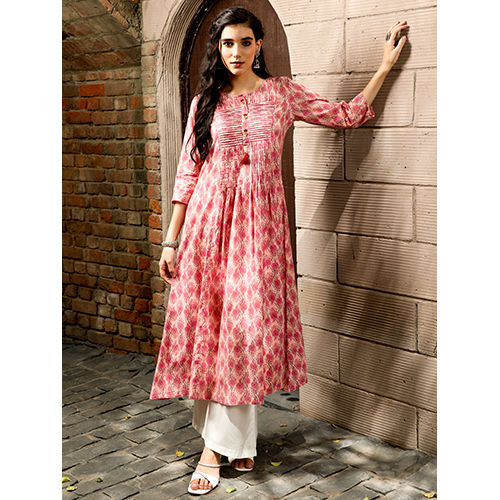 Peach Ethnic Floral Printed Pin Tuck A-line Kurta