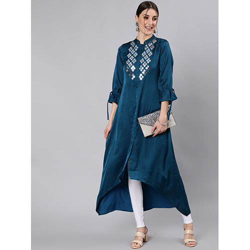 Women Teal A-line Highlow Mirror Work Silk Kurta