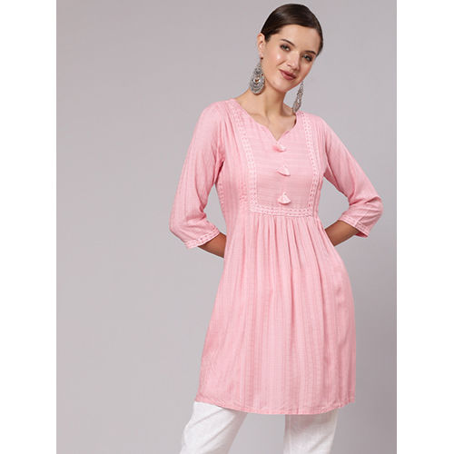 Pink Self Weave Pleated, LacedUp And Gathered Short Kurta With Tasseles