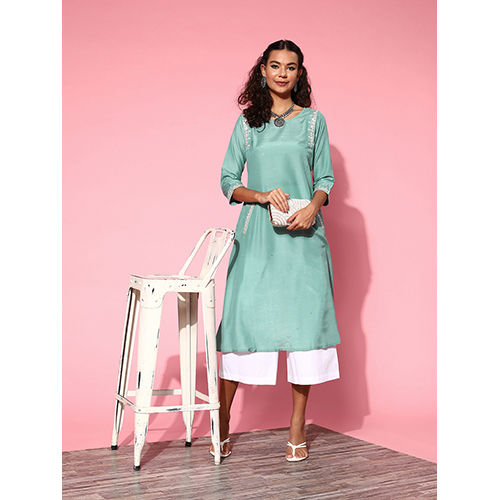 Sea Green Silk Blend Mirror Work A-Line Kurta