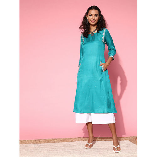 Turquoise Blue Silk Blend Mirror Work A-Line Kurta