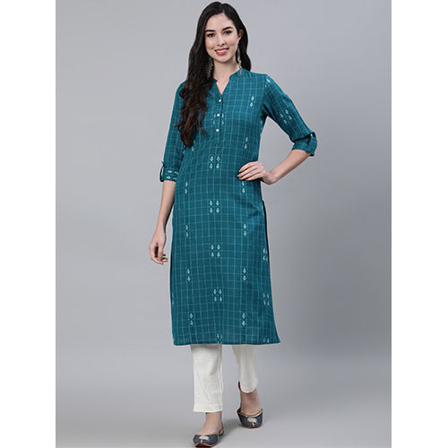 Teal Blue Checks Cotton Flared Kurta