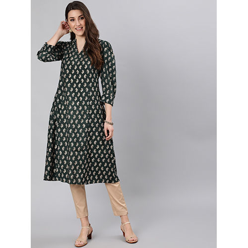 Green Chanderi Boti Gold Print Kurta