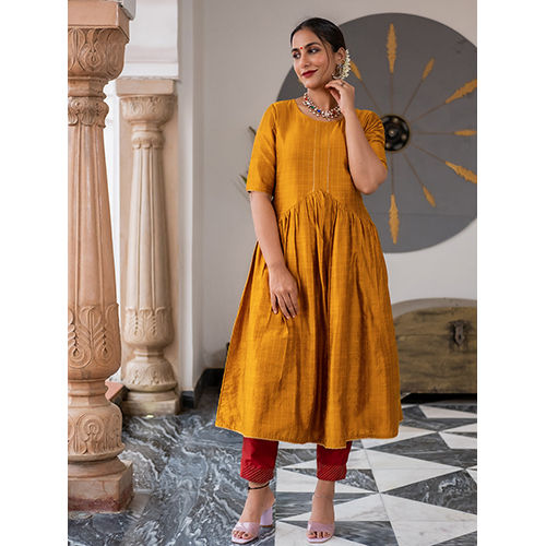 A-Line Mustard Chanderi Checks Kurta With Gota Lace