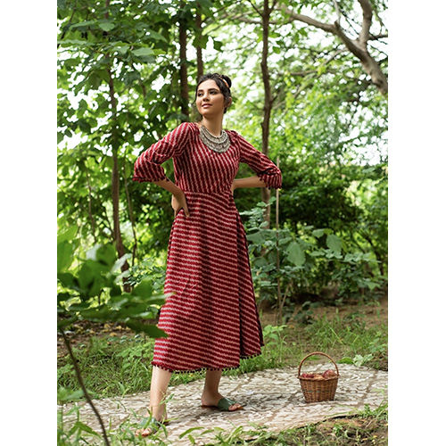 Maroon Geometric A-Line Cotton Kurta