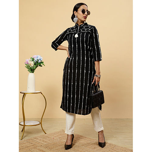 Black Striped Cotton Straight Kurta