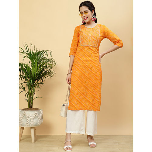 Orange Bhandhej Mirror Work Cotton Straight Kurta