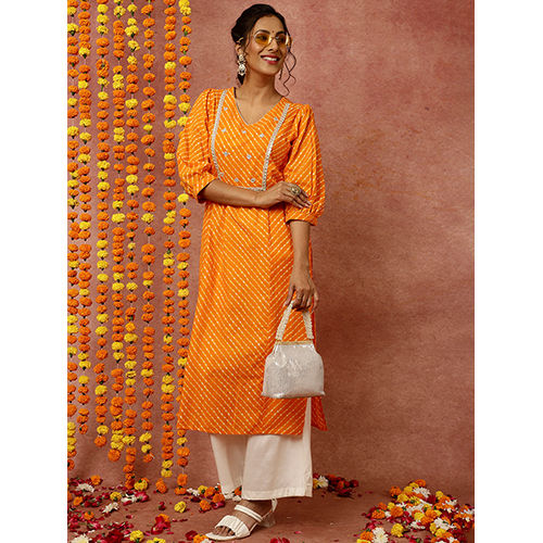 Zardozi Embroidered Orange Mothra Printed Straight Kurta