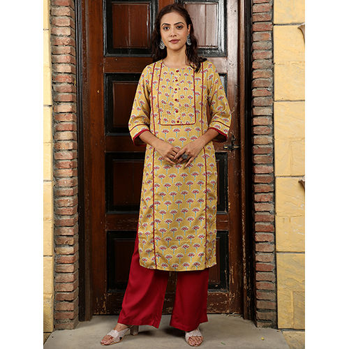 Lotus Print Mustard Straight Kurta