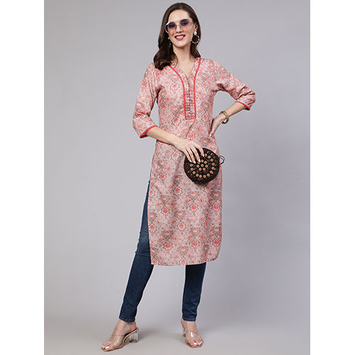 Ethnic Printed Peach Straight Kurta With Lace