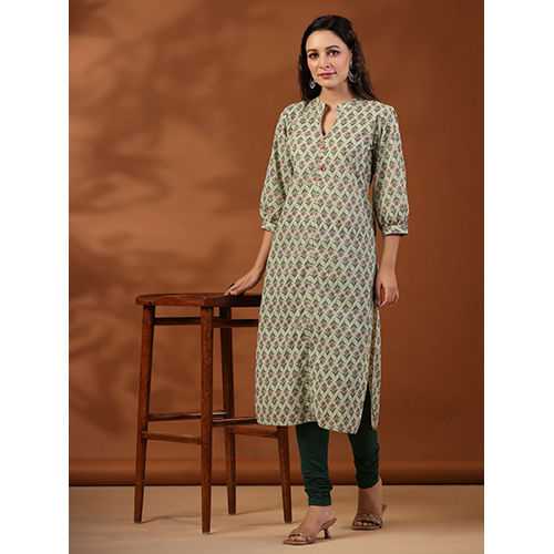 Sage Green Ethnic Mughal Buti Printed Straight Kurta