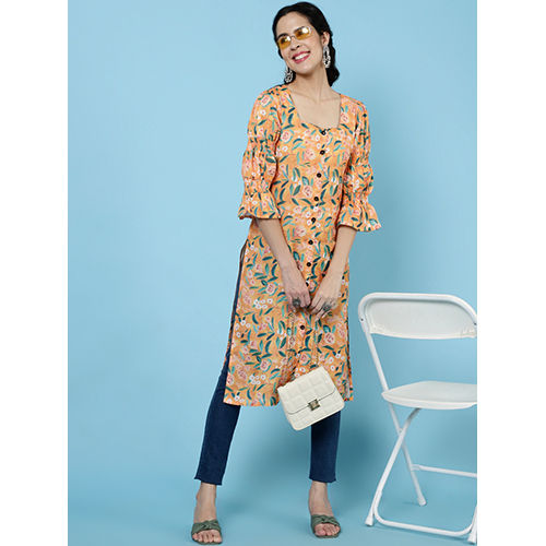 Yellow Floral Printed Rayon Straight Kurta