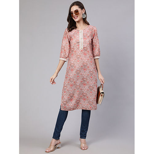 Peach Mirror Work Printed Straight Kurta