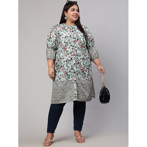 Plus Size Floral Printed Green Straight Kurta